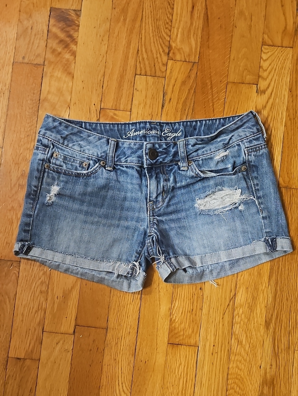 American Eagle Outfitters Medium Blue Distressed Cuffed Denim Shorts